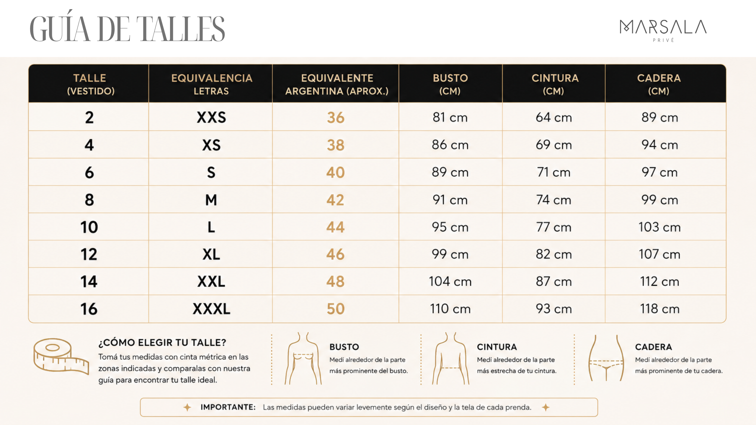 Guía de talles vestidos Marsala Privé